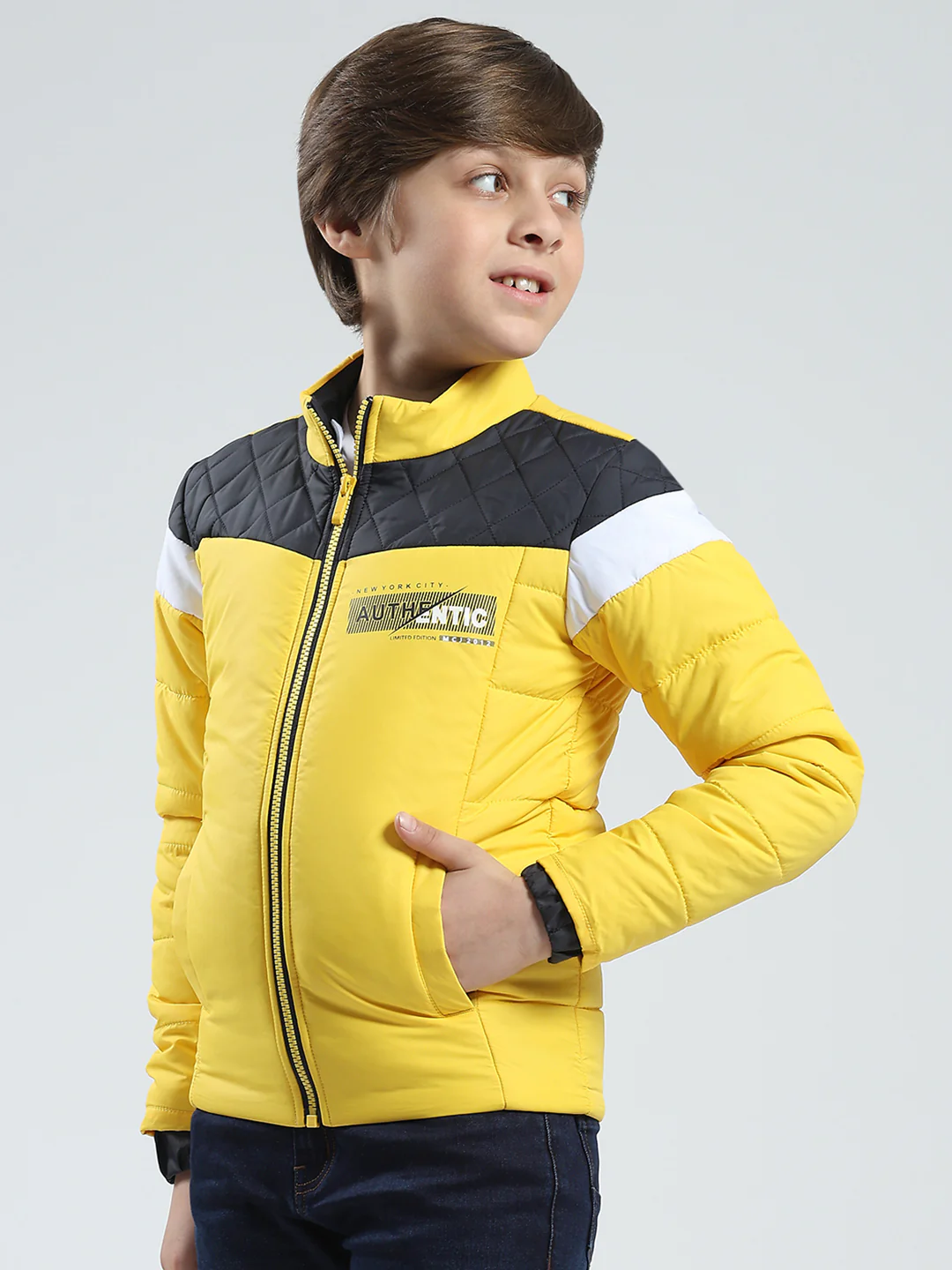 Boys Yellow Printed Mock Neck Full Sleeve Jacket - Image 3