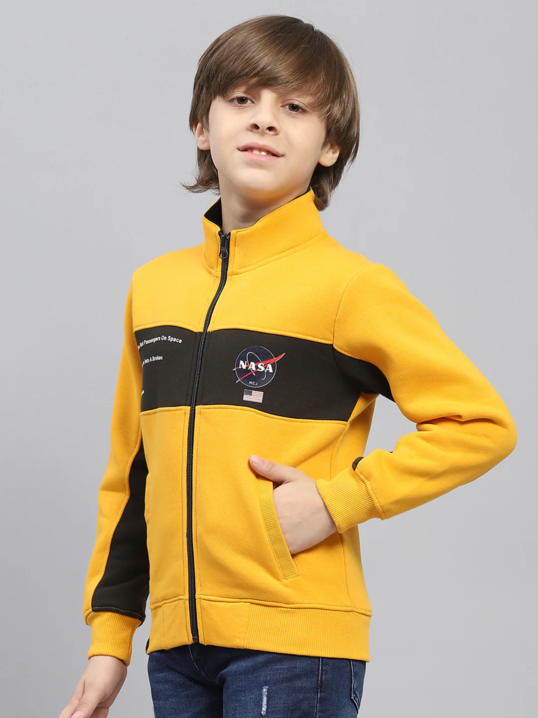 Boys Yellow Printed Mock Neck Full Sleeve Sweatshirt - Image 2