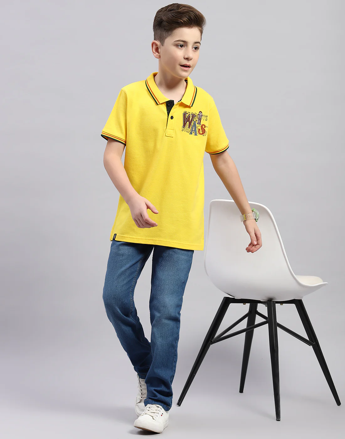Boys Yellow Printed Polo Collar Half Sleeve T-Shirt - Image 2