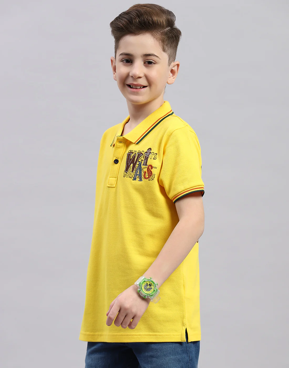 Boys Yellow Printed Polo Collar Half Sleeve T-Shirt - Image 3