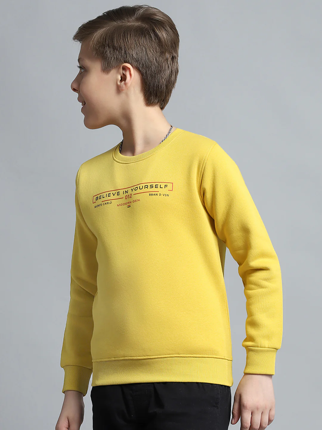 Boys Yellow Printed Round Neck Full Sleeve Pullover - Image 3