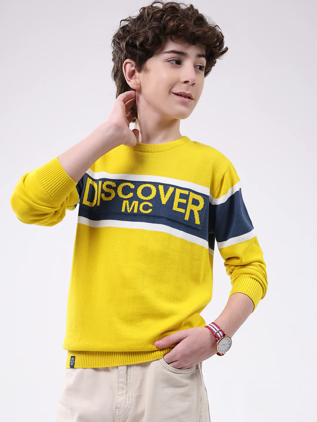 Boys Yellow Printed Round Neck Full Sleeve Pullover - Image 3
