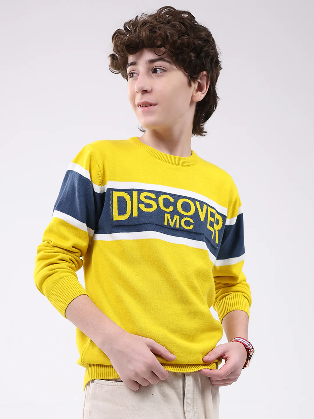 Boys Yellow Printed Round Neck Full Sleeve Pullover - Image 4