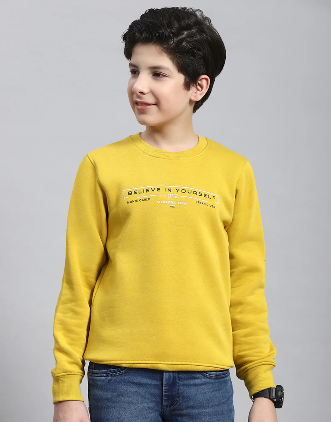 Boys Yellow Printed Round Neck Full Sleeve Sweatshirt - Image 2