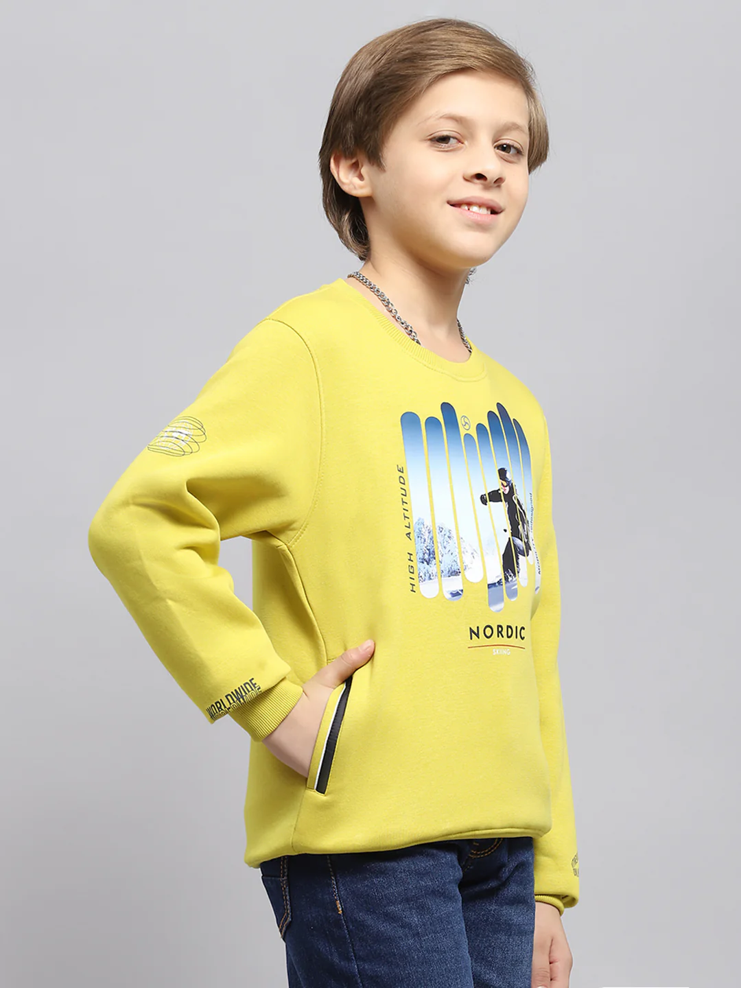 Boys Yellow Printed Round Neck Full Sleeve Sweatshirt - Image 4