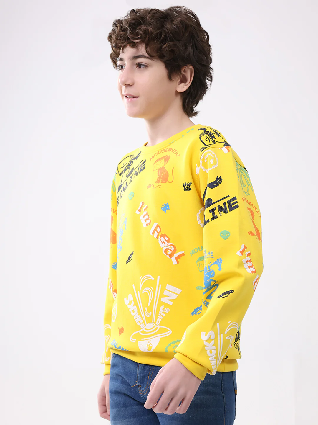 Boys Yellow Printed Round Neck Full Sleeve Sweatshirt - Image 3