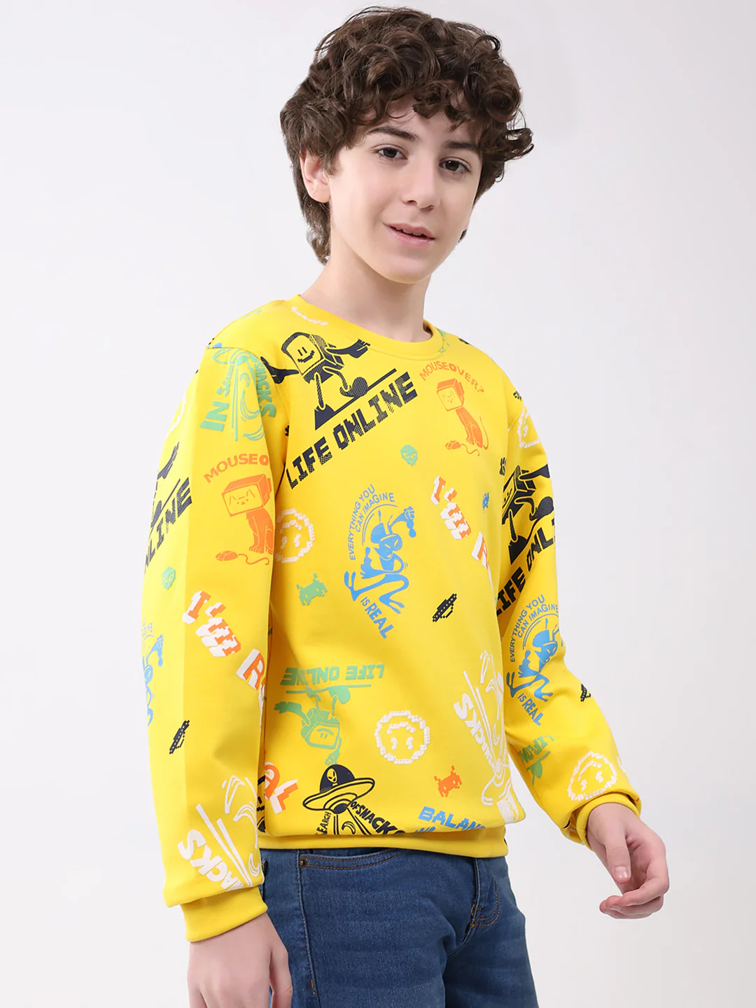 Boys Yellow Printed Round Neck Full Sleeve Sweatshirt - Image 4