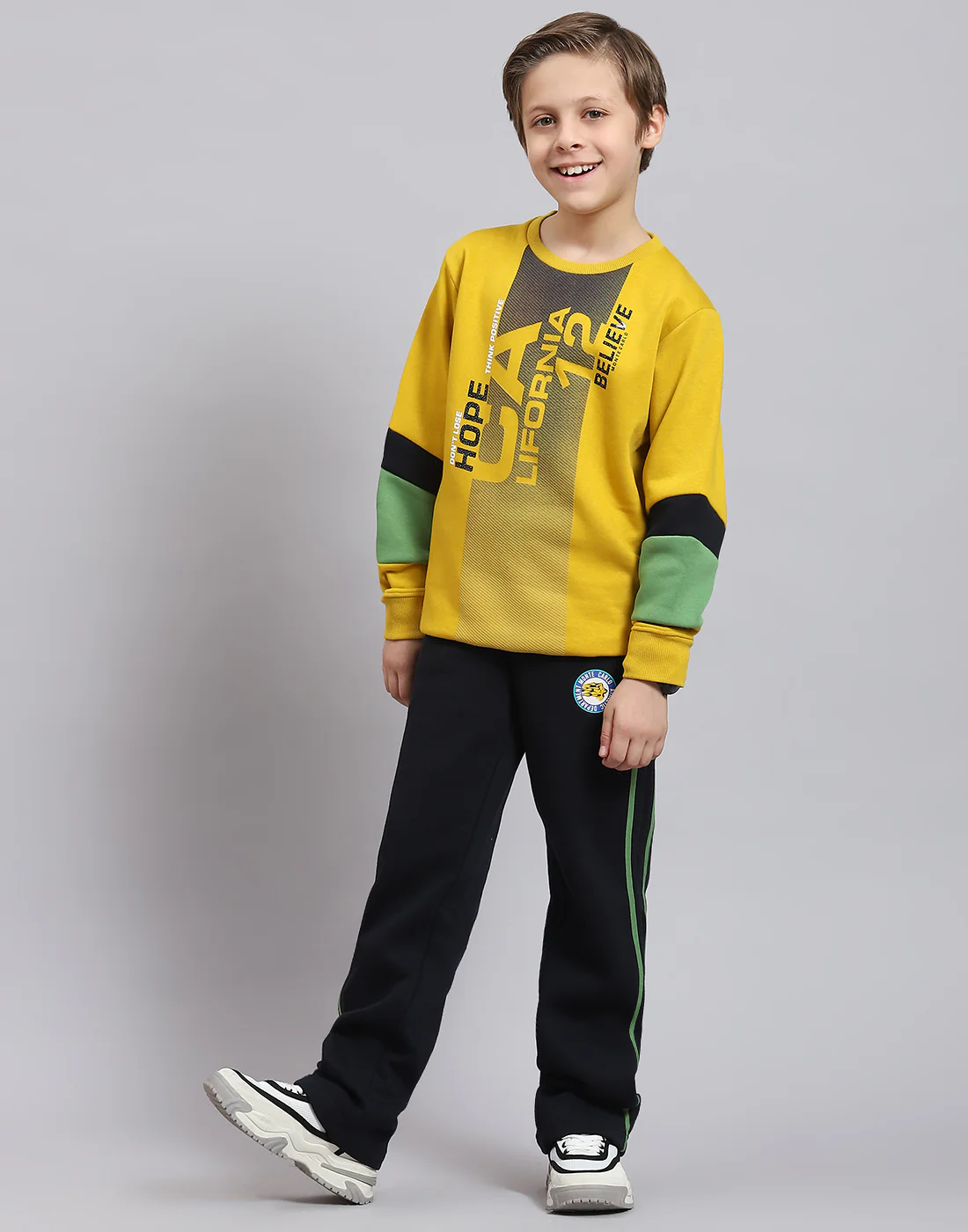 Boys Yellow Printed Round Neck Full Sleeve Tracksuit - Image 3