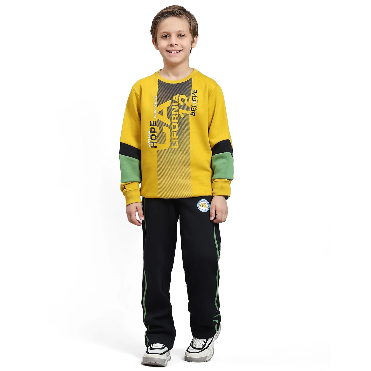 Boys Yellow Printed Round Neck Full Sleeve Tracksuit - Image 5