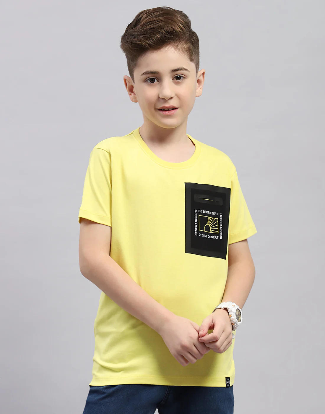 Boys Yellow Printed Round Neck Half Sleeve T-Shirt - Image 2