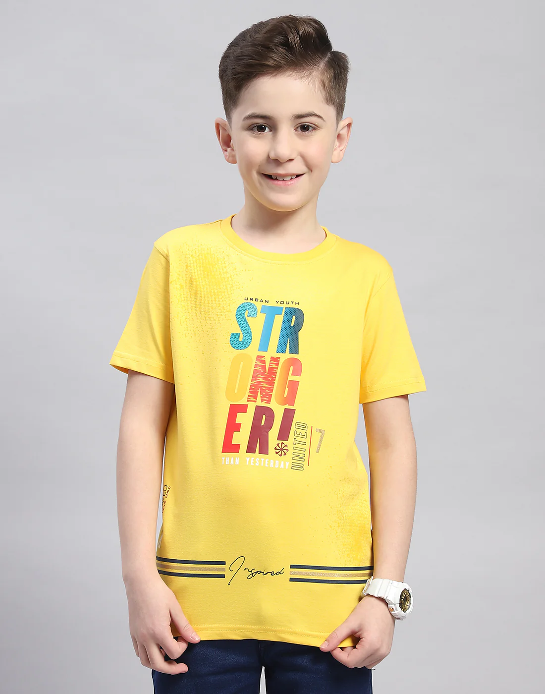 Boys Yellow Printed Round Neck Half Sleeve T-Shirt - Image 2