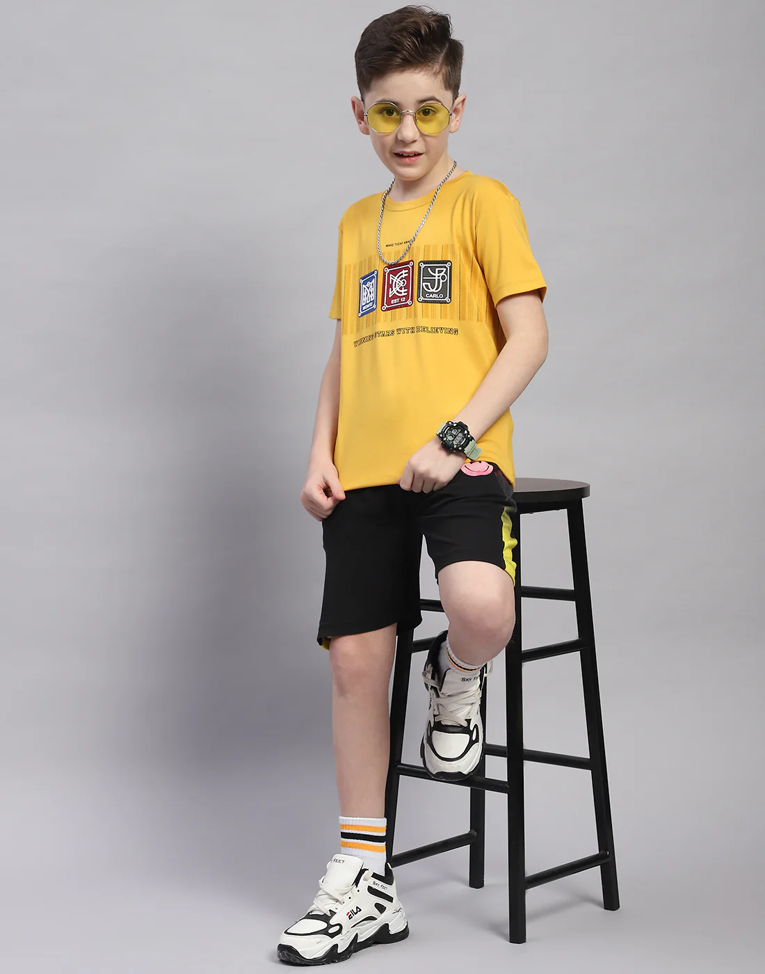 Boys Yellow Printed Round Neck Half Sleeve T-Shirt