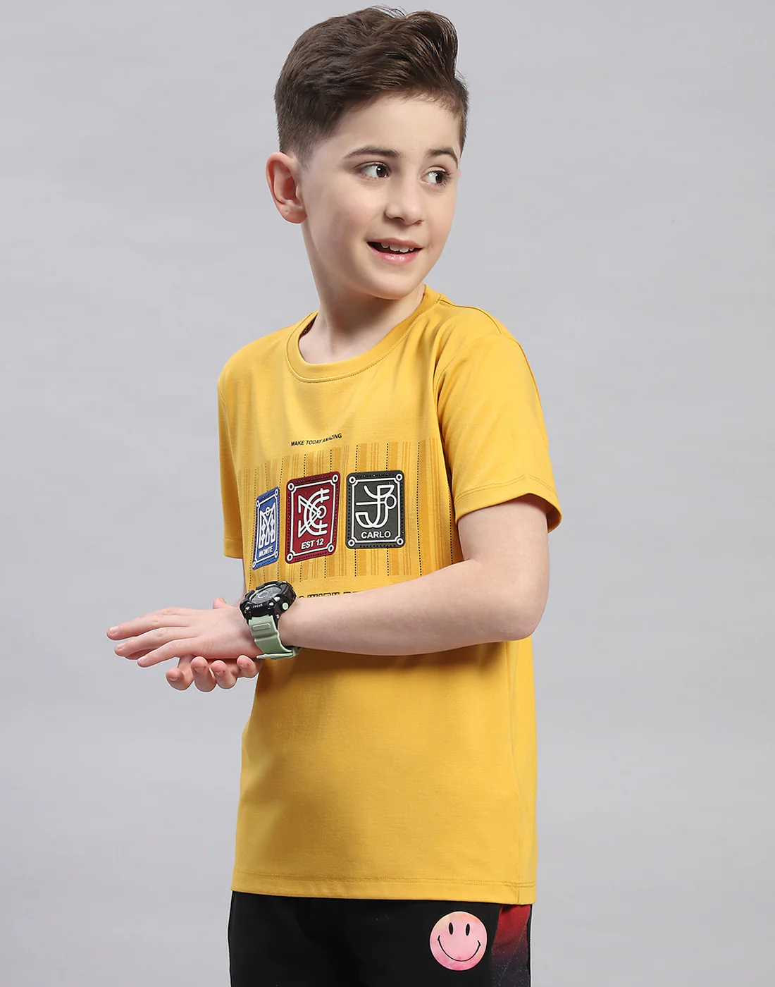 Boys Yellow Printed Round Neck Half Sleeve T-Shirt - Image 3