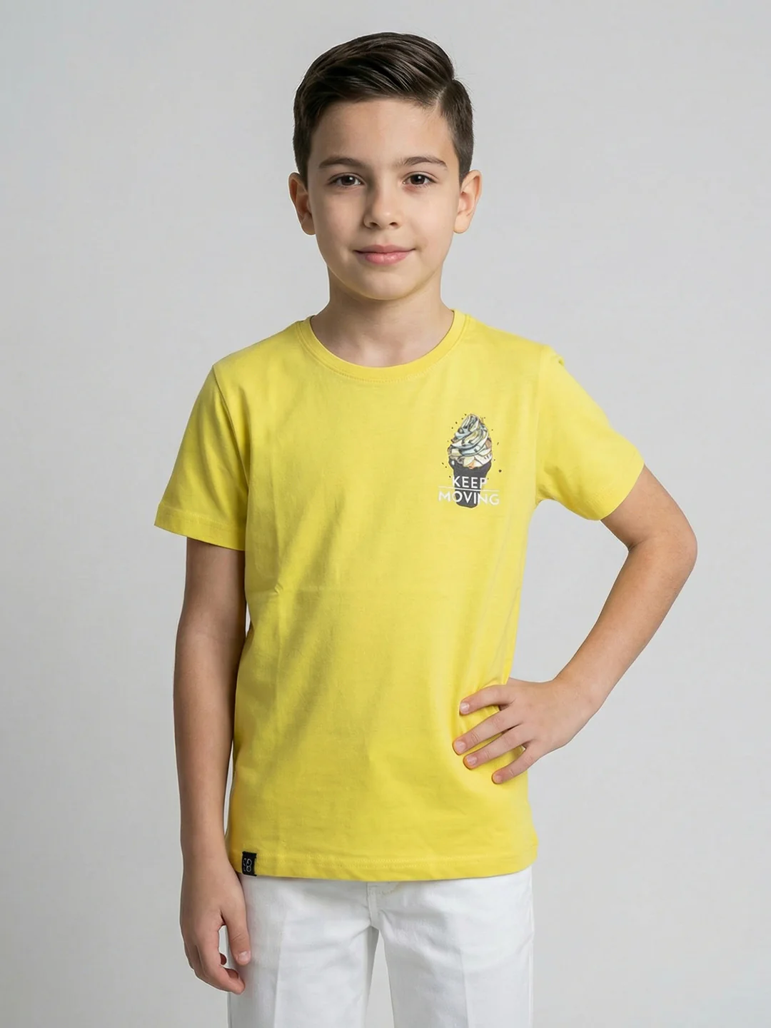 Boys Yellow Printed Round Neck Half Sleeve T-Shirt