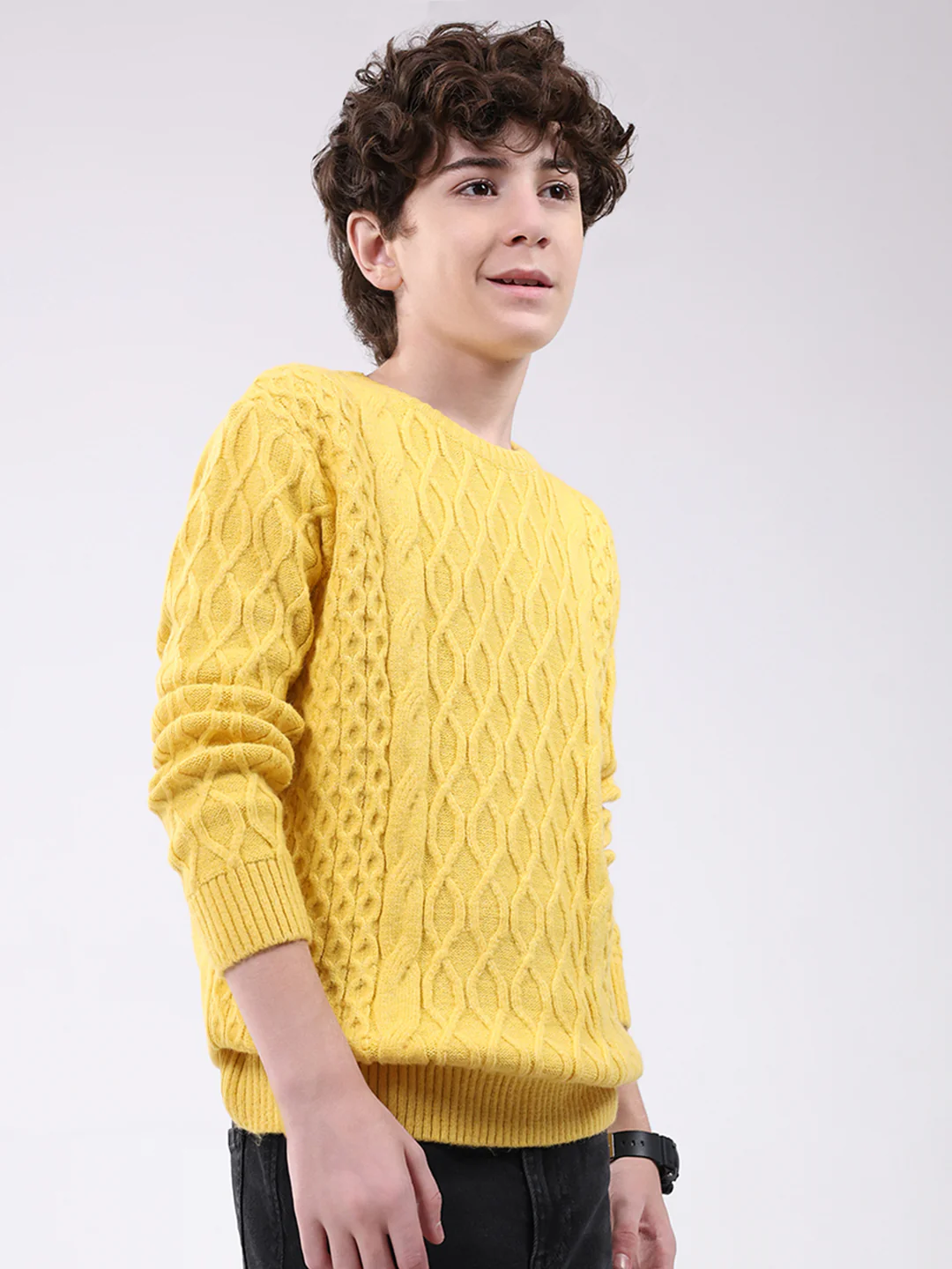 Boys Yellow Self Design Round Neck Full Sleeve Pullover - Image 4