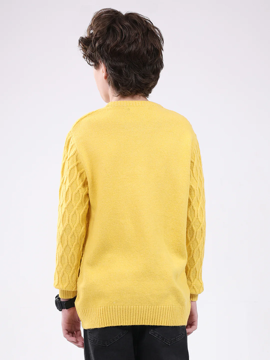 Boys Yellow Self Design Round Neck Full Sleeve Pullover - Image 5