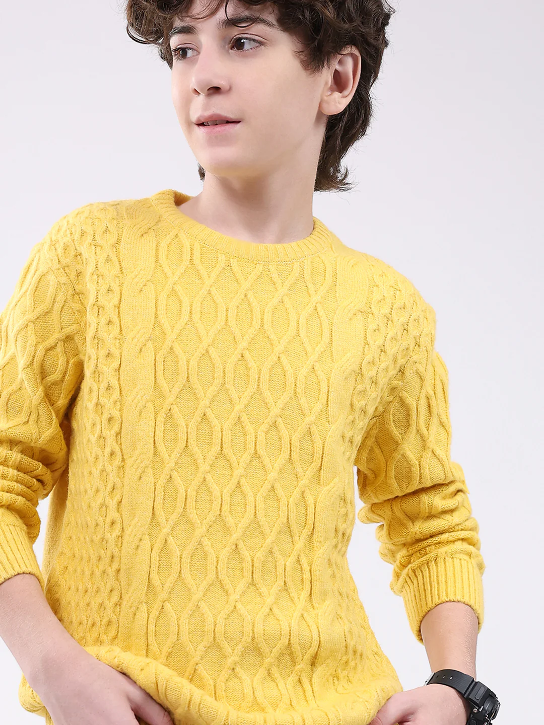 Boys Yellow Self Design Round Neck Full Sleeve Pullover - Image 6