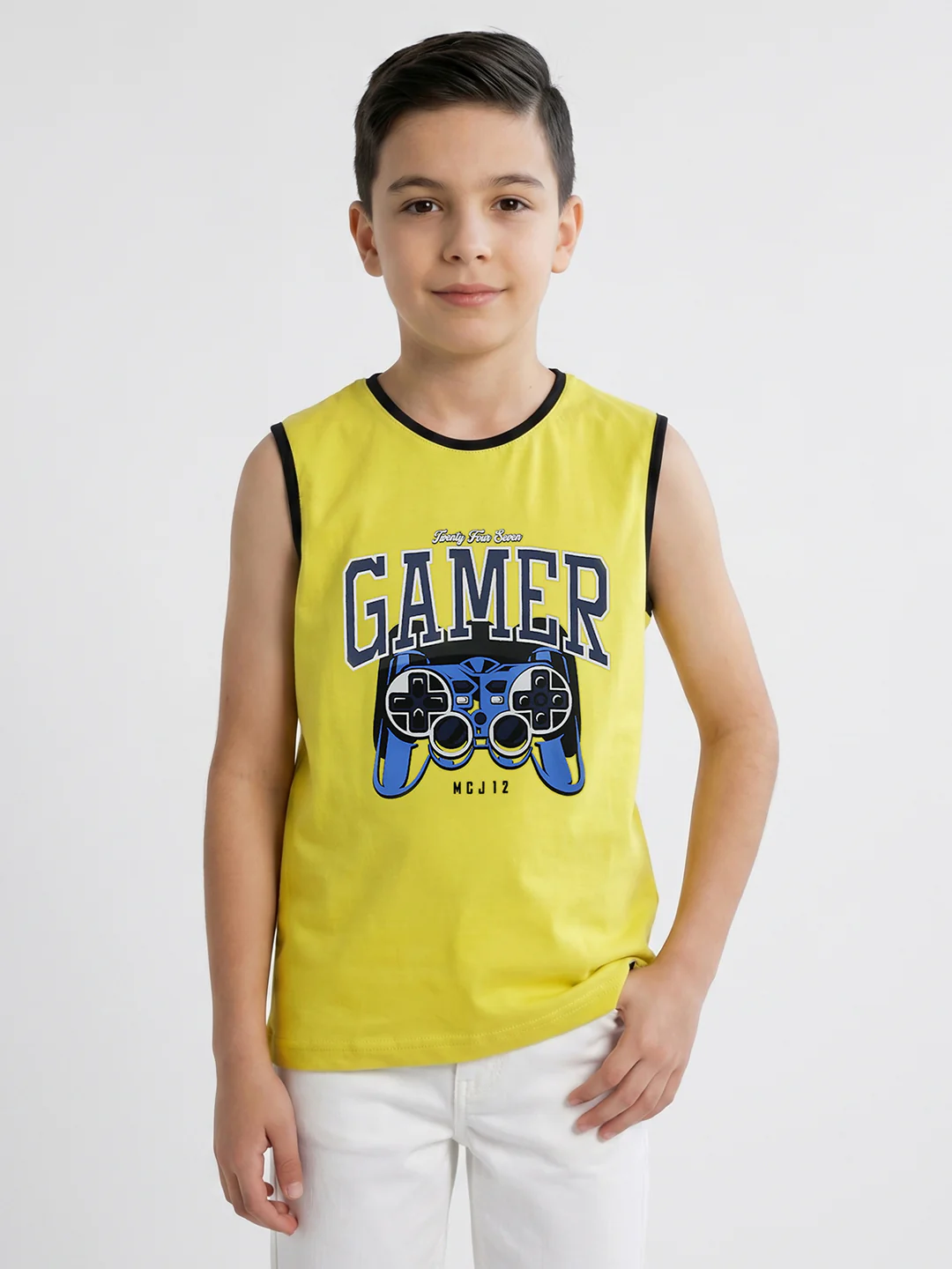 Boys Yellow & Sky Blue Printed Round Neck Sleeveless T-Shirt (Pack of 2) - Image 9