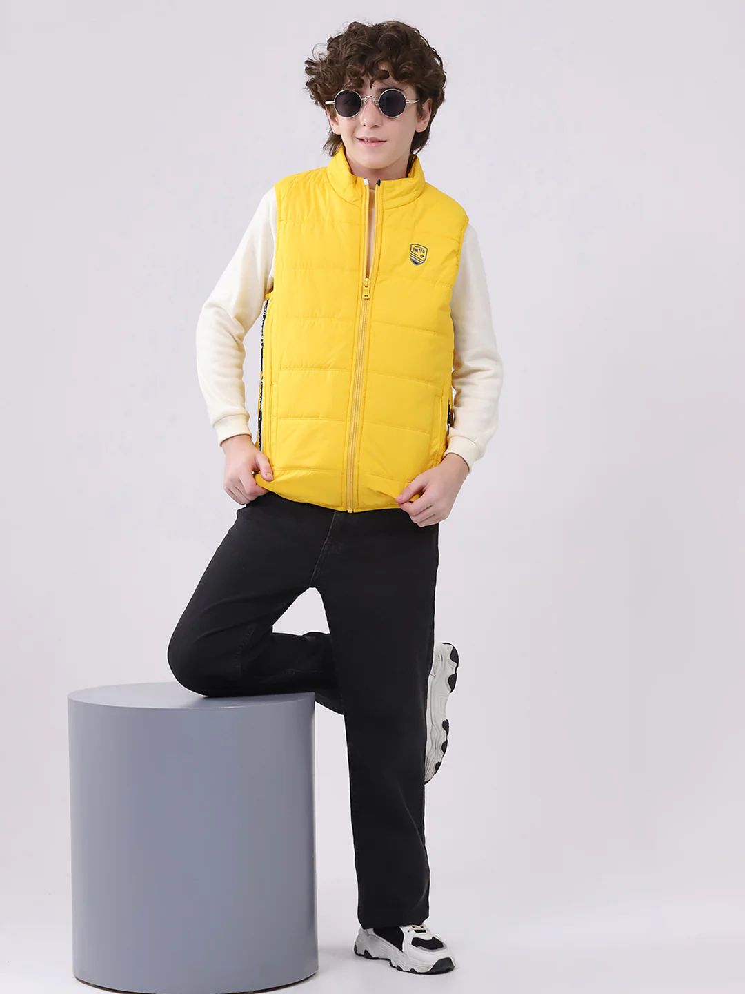 Boys Yellow Solid Mock Neck Sleeveless Boys Jacket - Image 2