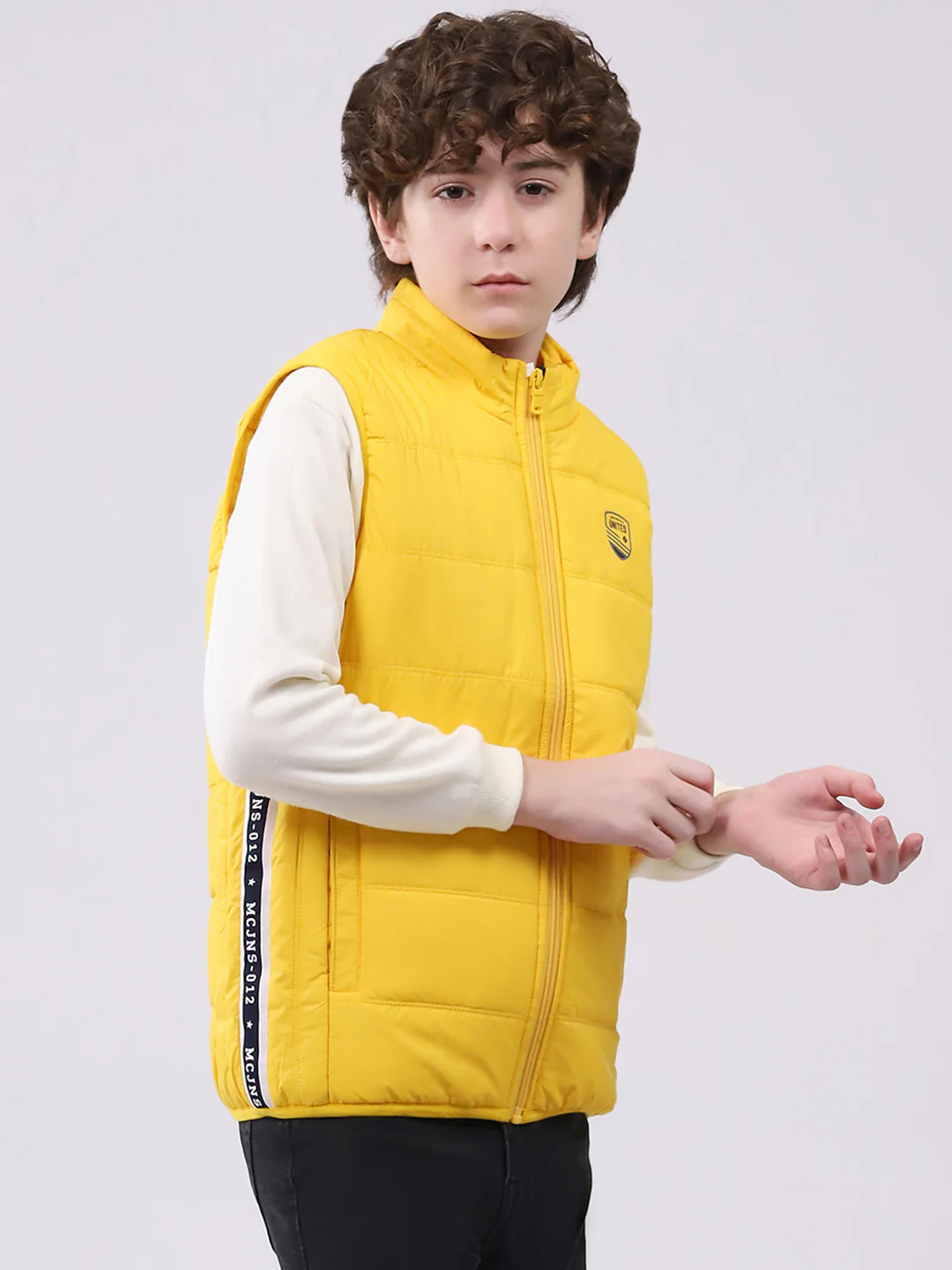 Boys Yellow Solid Mock Neck Sleeveless Boys Jacket - Image 4