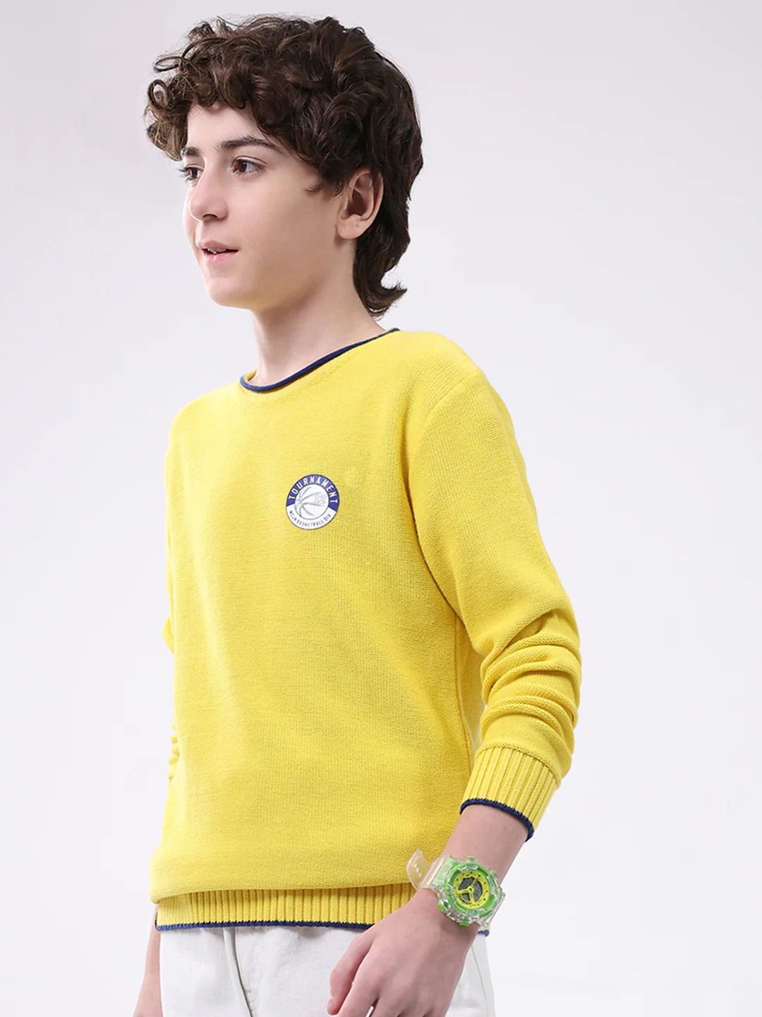 Boys Yellow Solid Round Neck Full Sleeve Pullover - Image 3