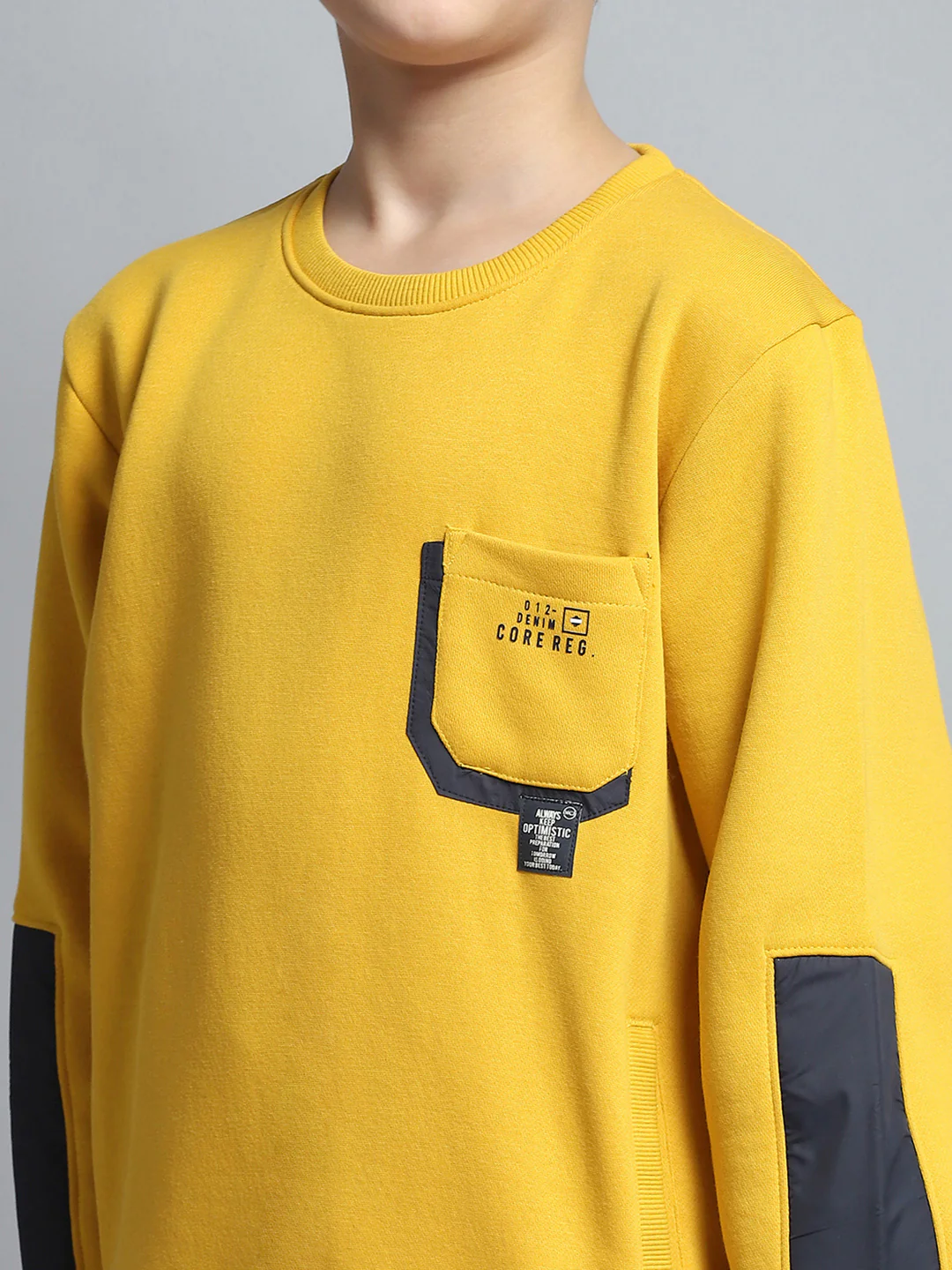 Boys Yellow Solid Round Neck Full Sleeve Sweatshirt - Image 6