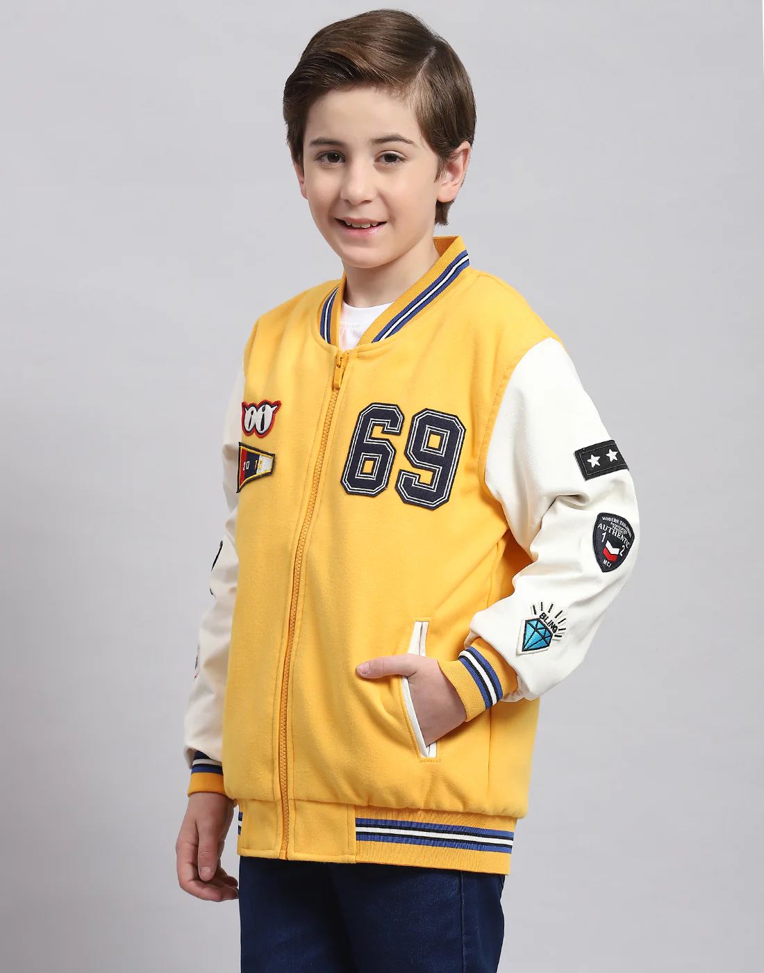Boys Yellow Solid Stand Collar Full Sleeve Boys Jacket - Image 3
