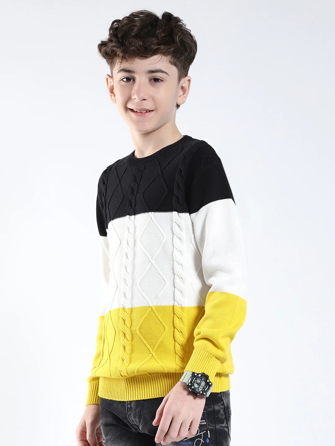 Boys Yellow Stripe Round Neck Full Sleeve Pullover - Image 3