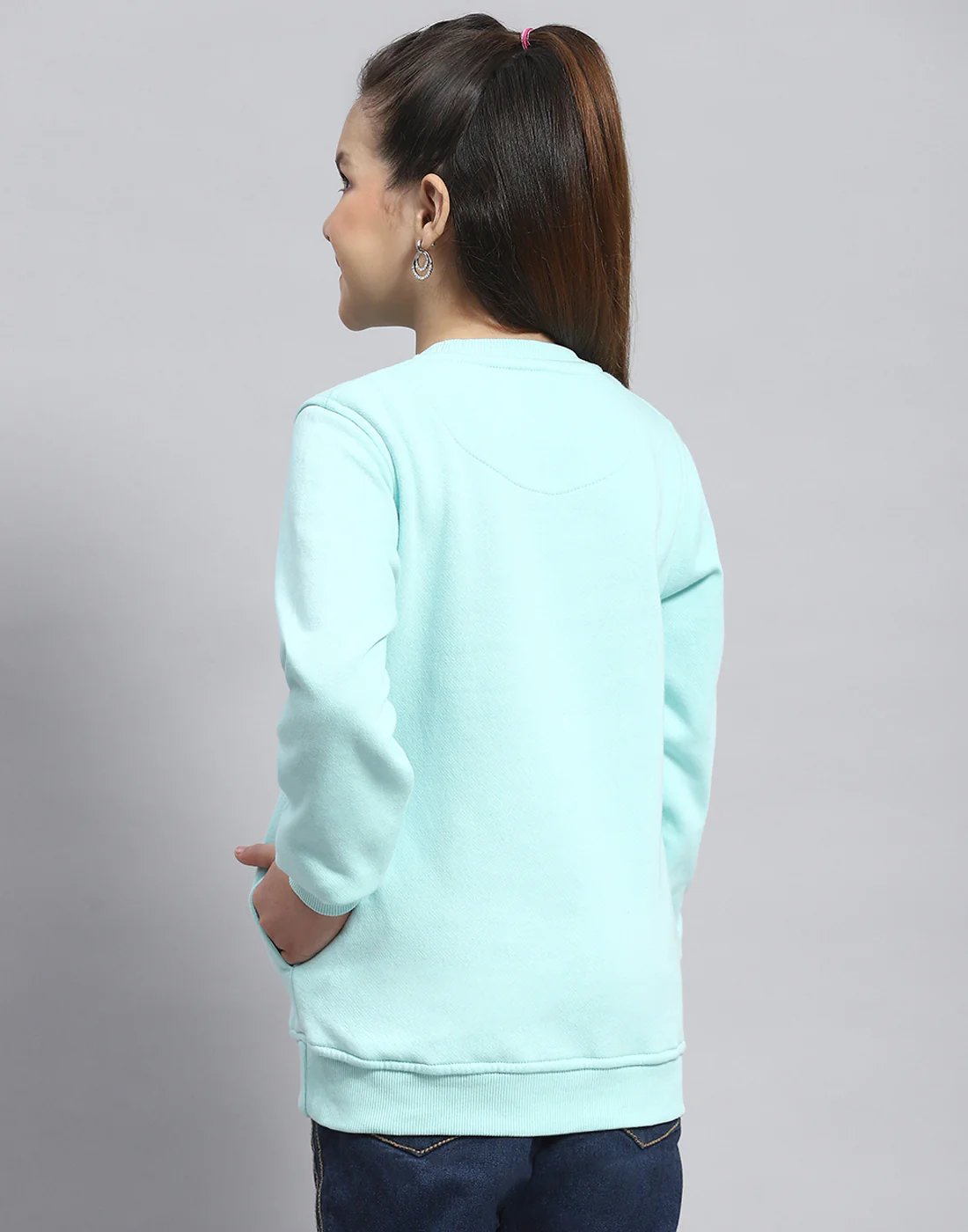 Girls Aqua Blue Embellished Round Neck Full Sleeve Sweatshirt - Image 5