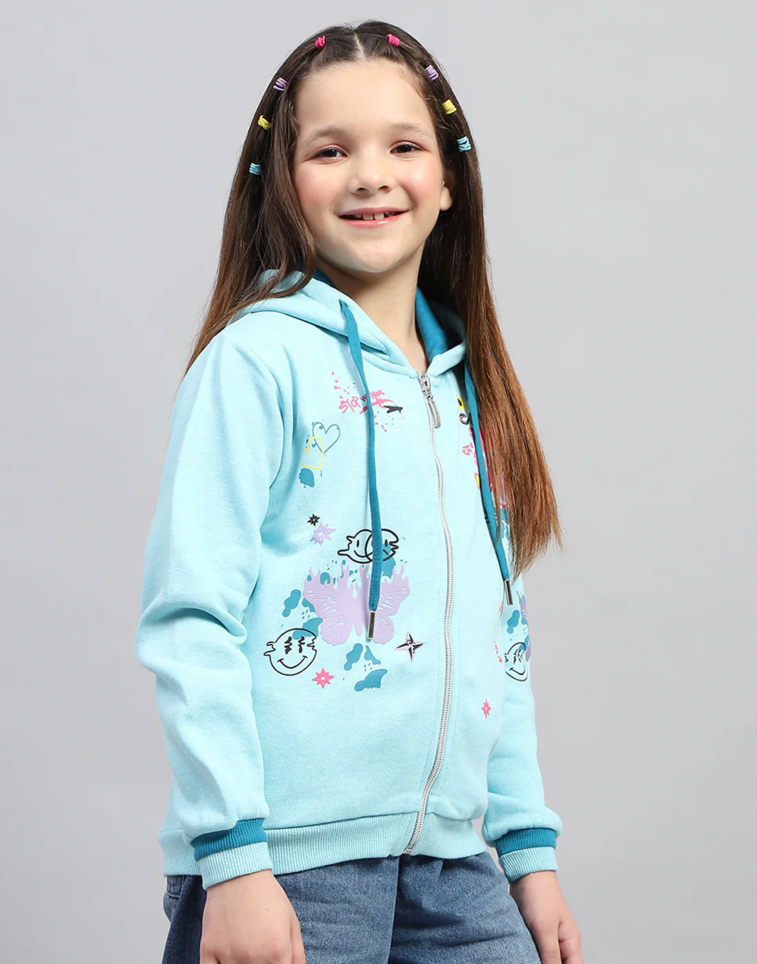 Girls Aqua Blue Printed Hooded Full Sleeve Sweatshirt - Image 4