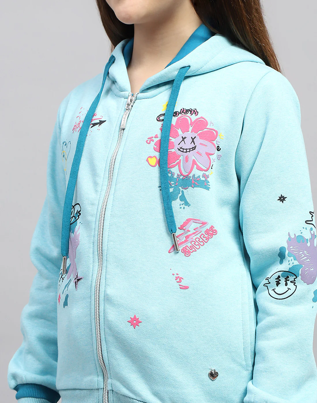 Girls Aqua Blue Printed Hooded Full Sleeve Sweatshirt - Image 7