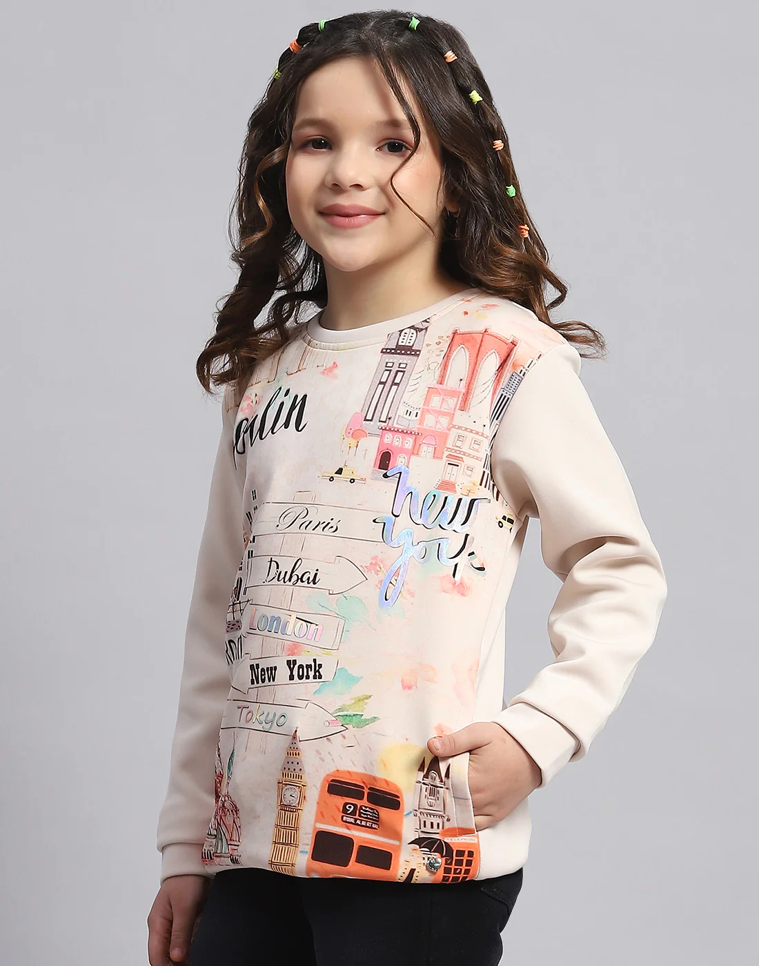 Girls Beige Printed Round Neck Full Sleeve Sweatshirt - Image 4