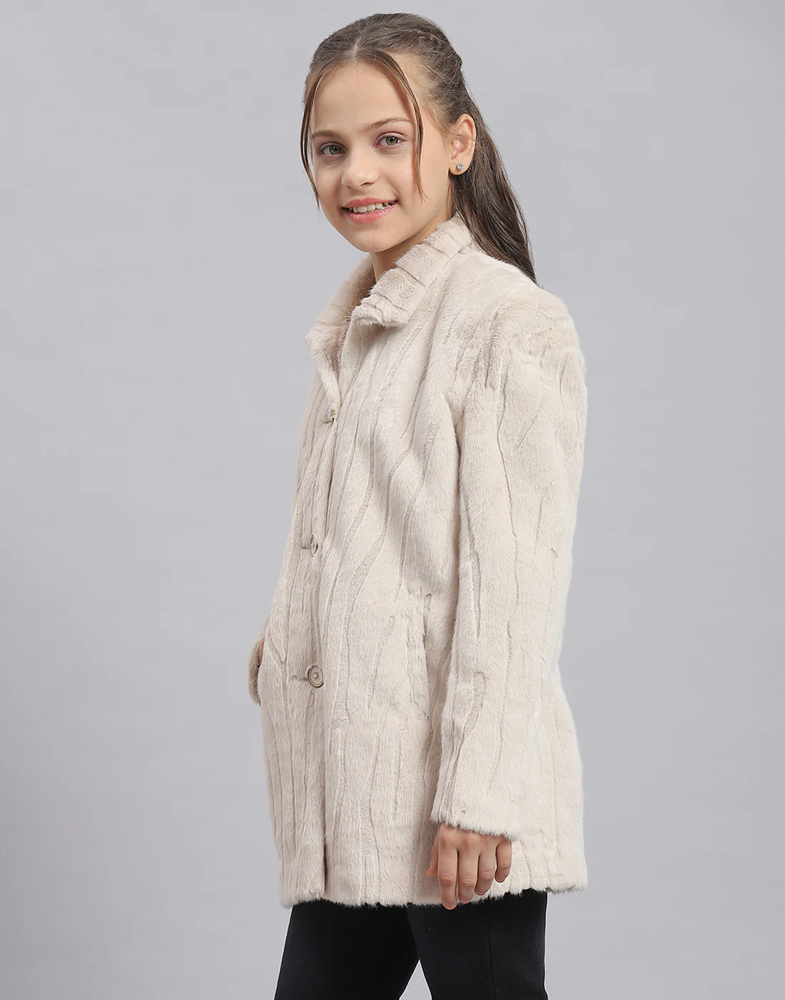 Girls Beige Self Design Collar Full Sleeve Coat - Image 3