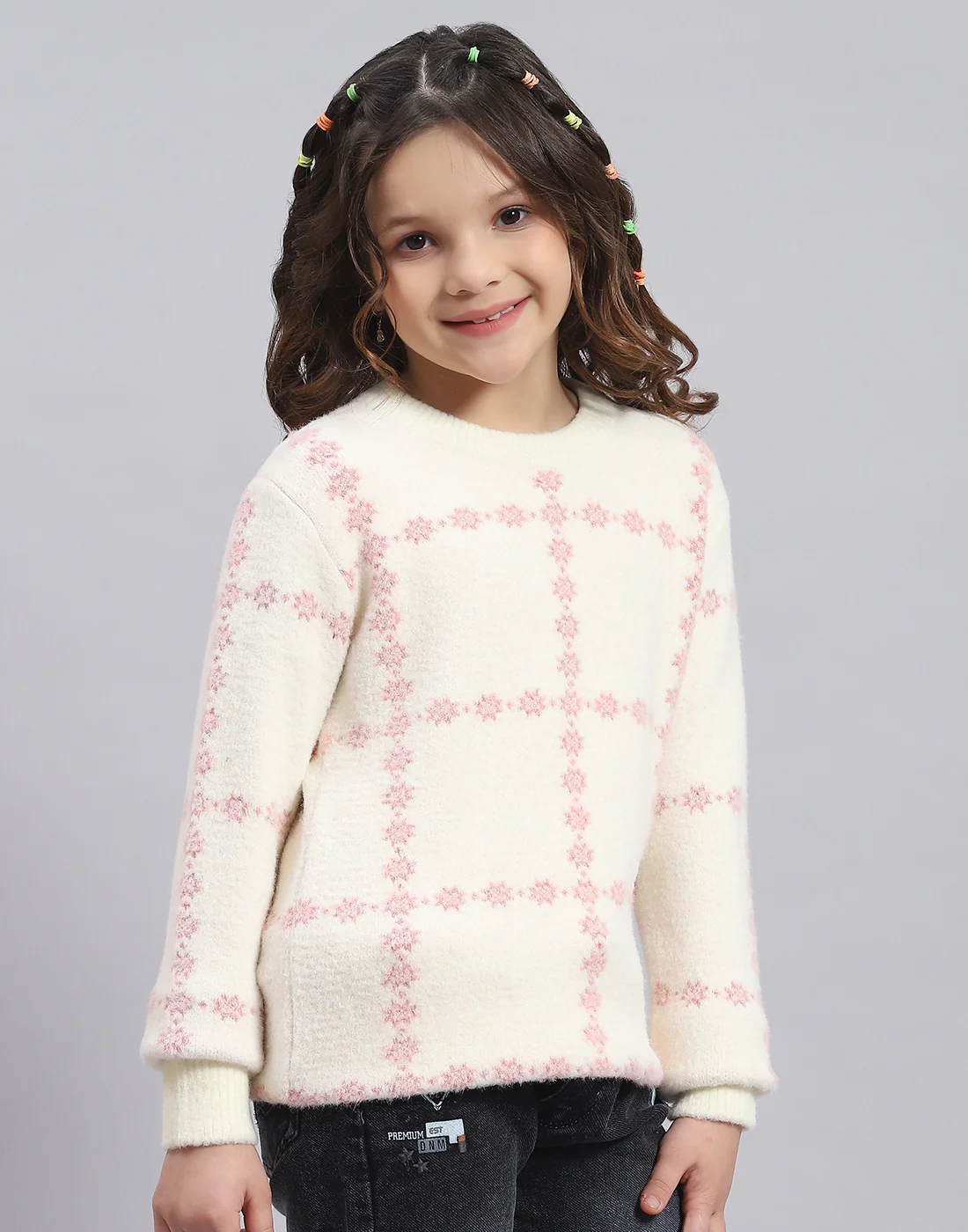 Girls Beige Self Design Round Neck Full Sleeve Sweater - Image 4