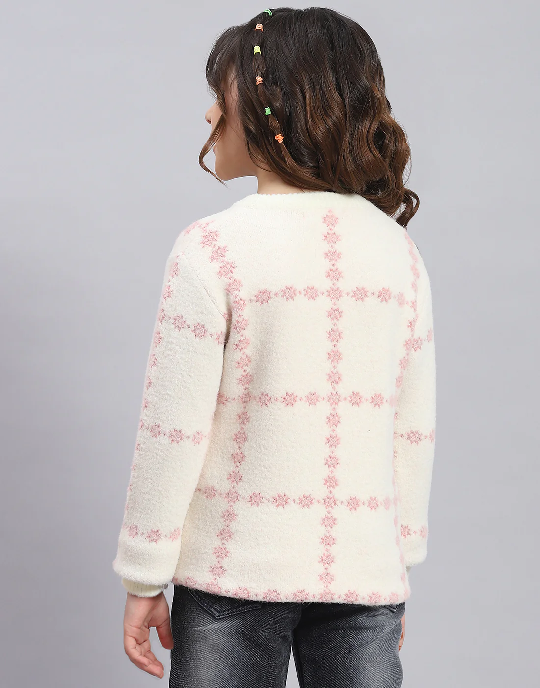 Girls Beige Self Design Round Neck Full Sleeve Sweater - Image 5