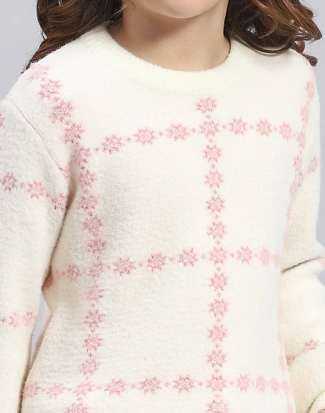 Girls Beige Self Design Round Neck Full Sleeve Sweater - Image 6