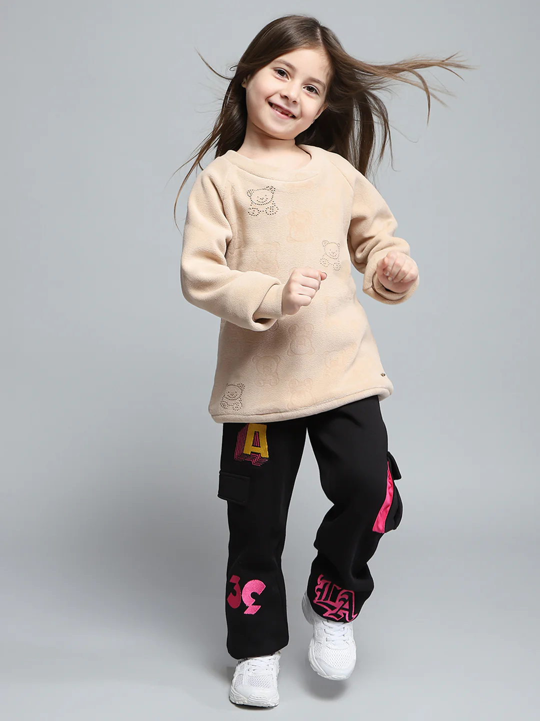 Girls Beige Self Design Round Neck Full Sleeve Sweatshirt - Image 2