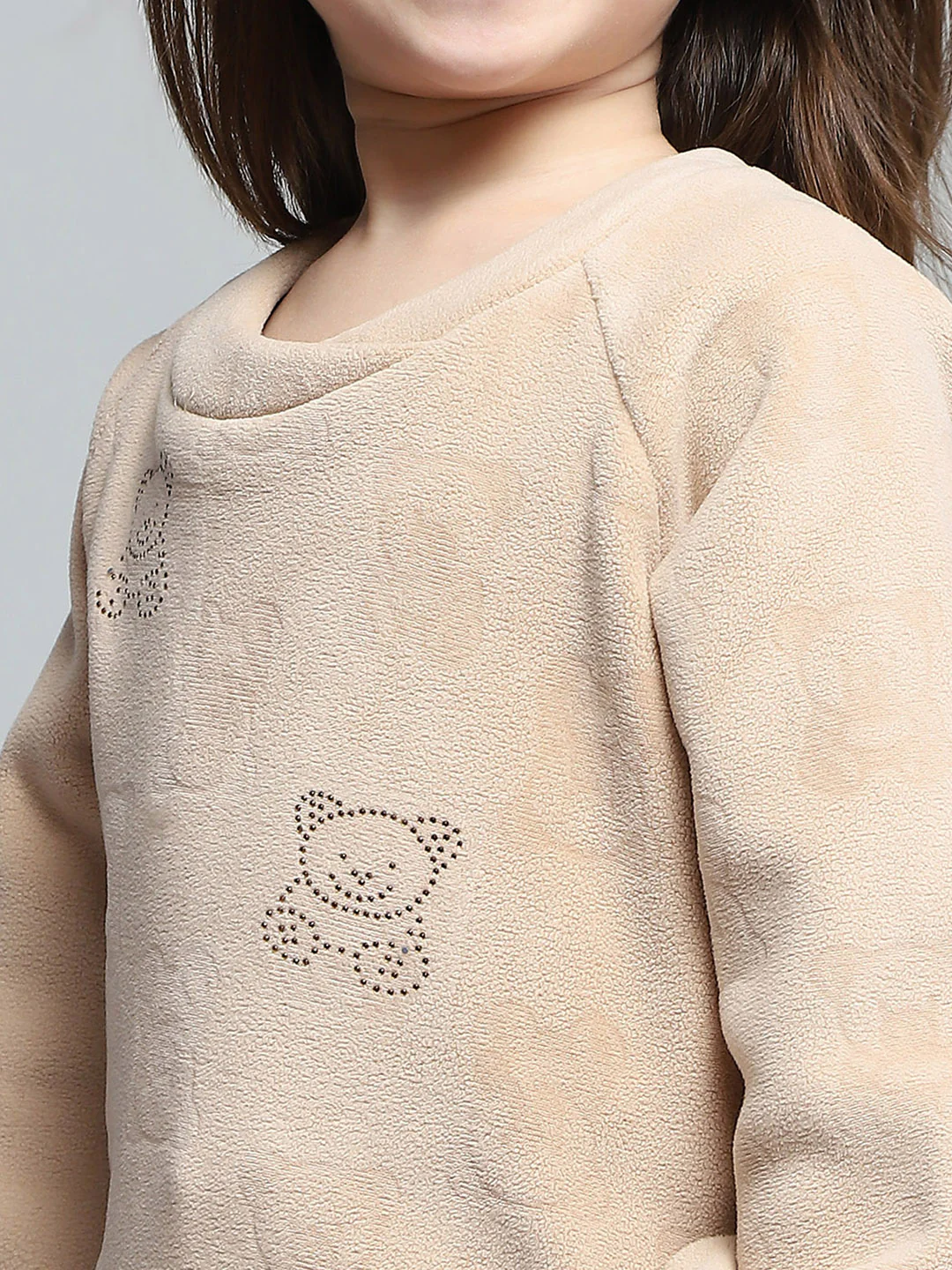 Girls Beige Self Design Round Neck Full Sleeve Sweatshirt - Image 6