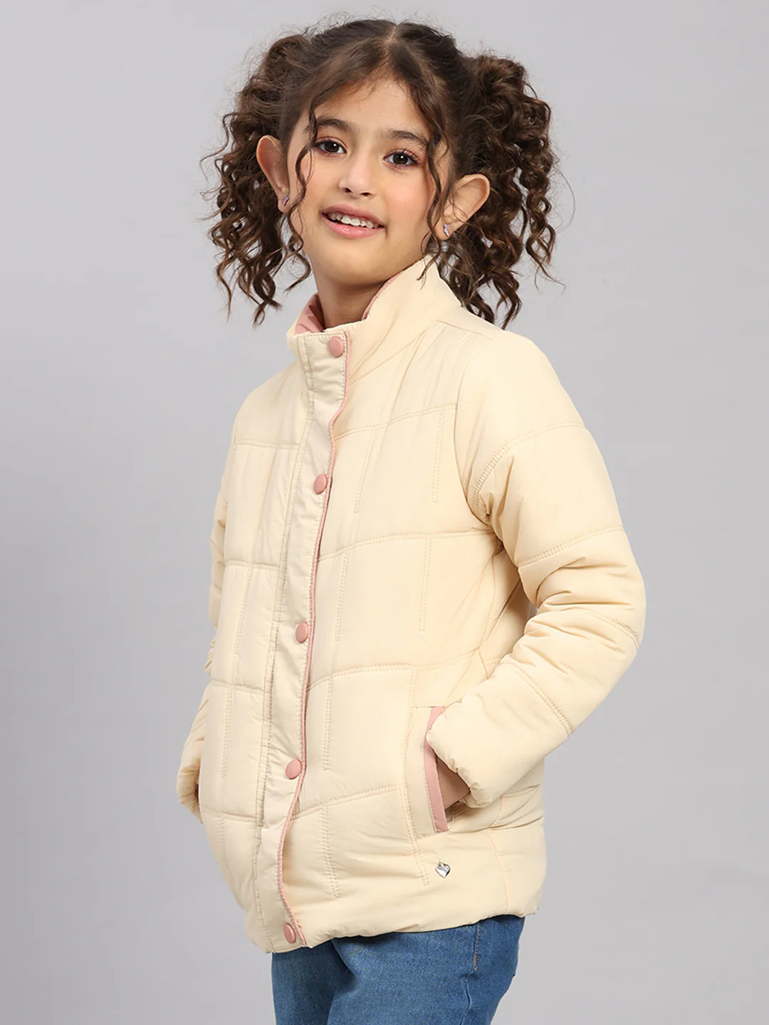 Girls Beige Solid Collar Full Sleeve Jacket - Image 3