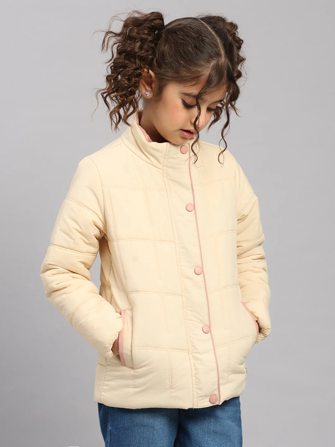 Girls Beige Solid Collar Full Sleeve Jacket - Image 4