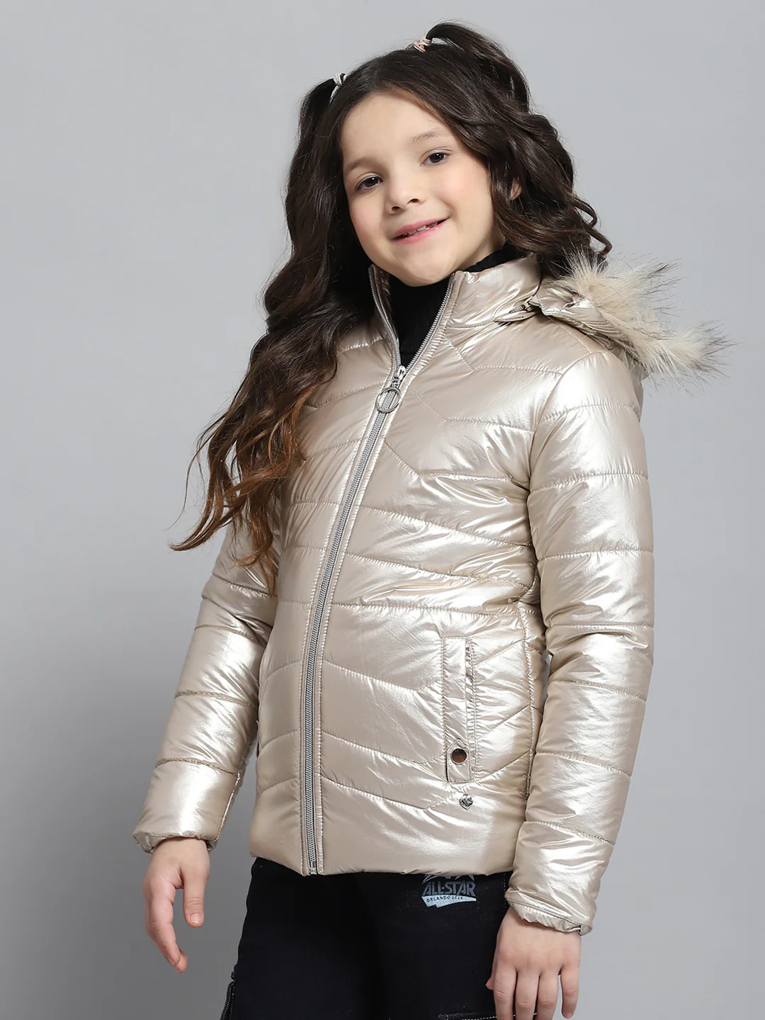 Girls Beige Solid Hooded Full Sleeve Jacket - Image 3