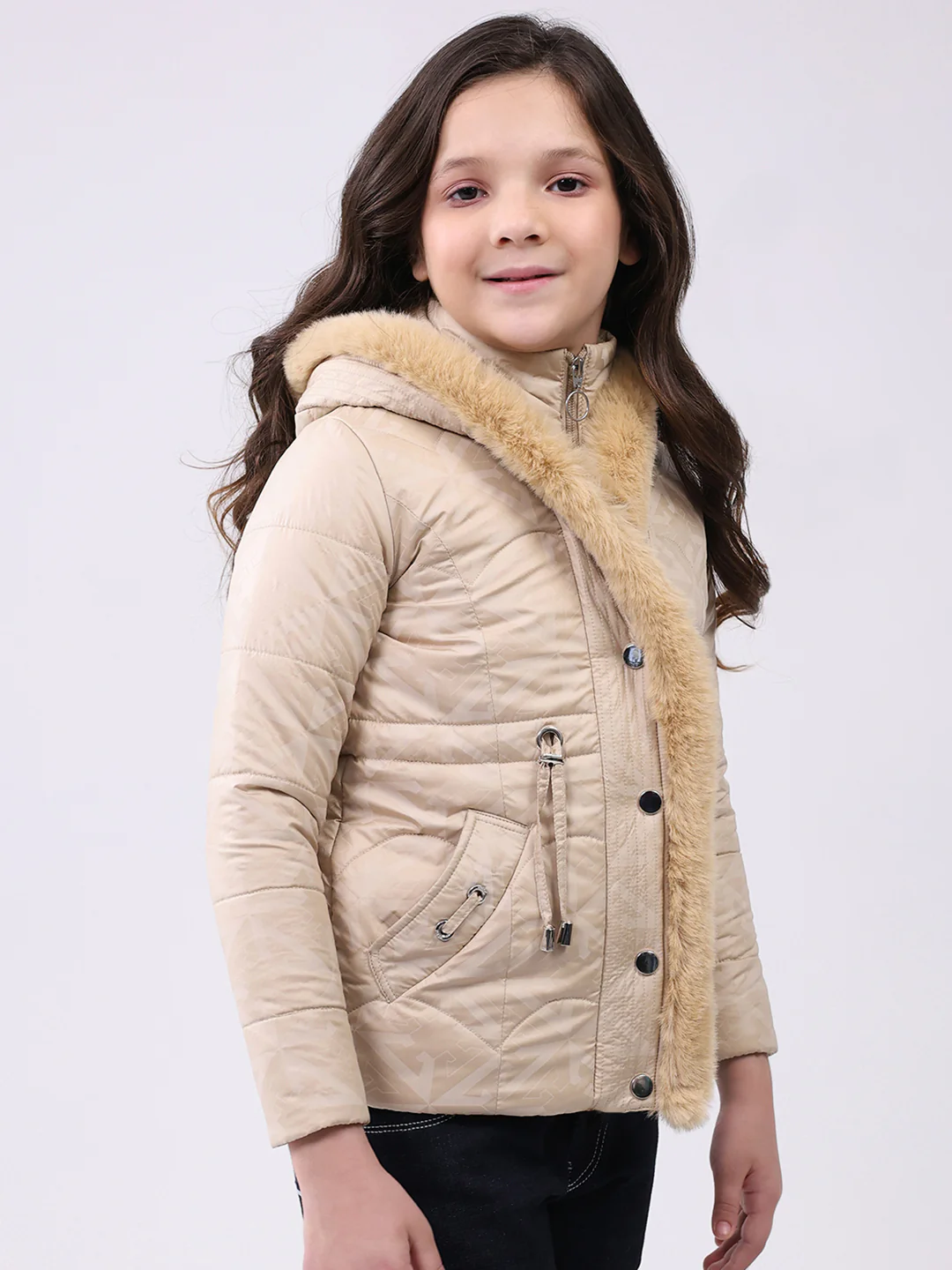Girls Beige Solid Hooded Full Sleeve Jacket - Image 4