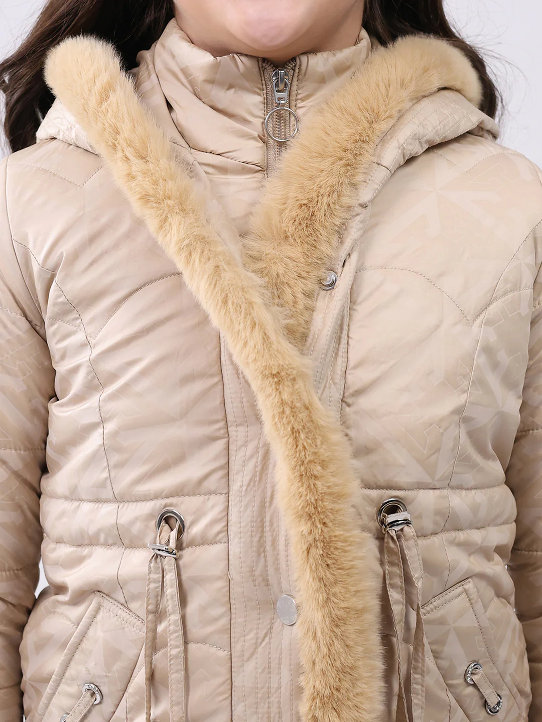 Girls Beige Solid Hooded Full Sleeve Jacket - Image 6