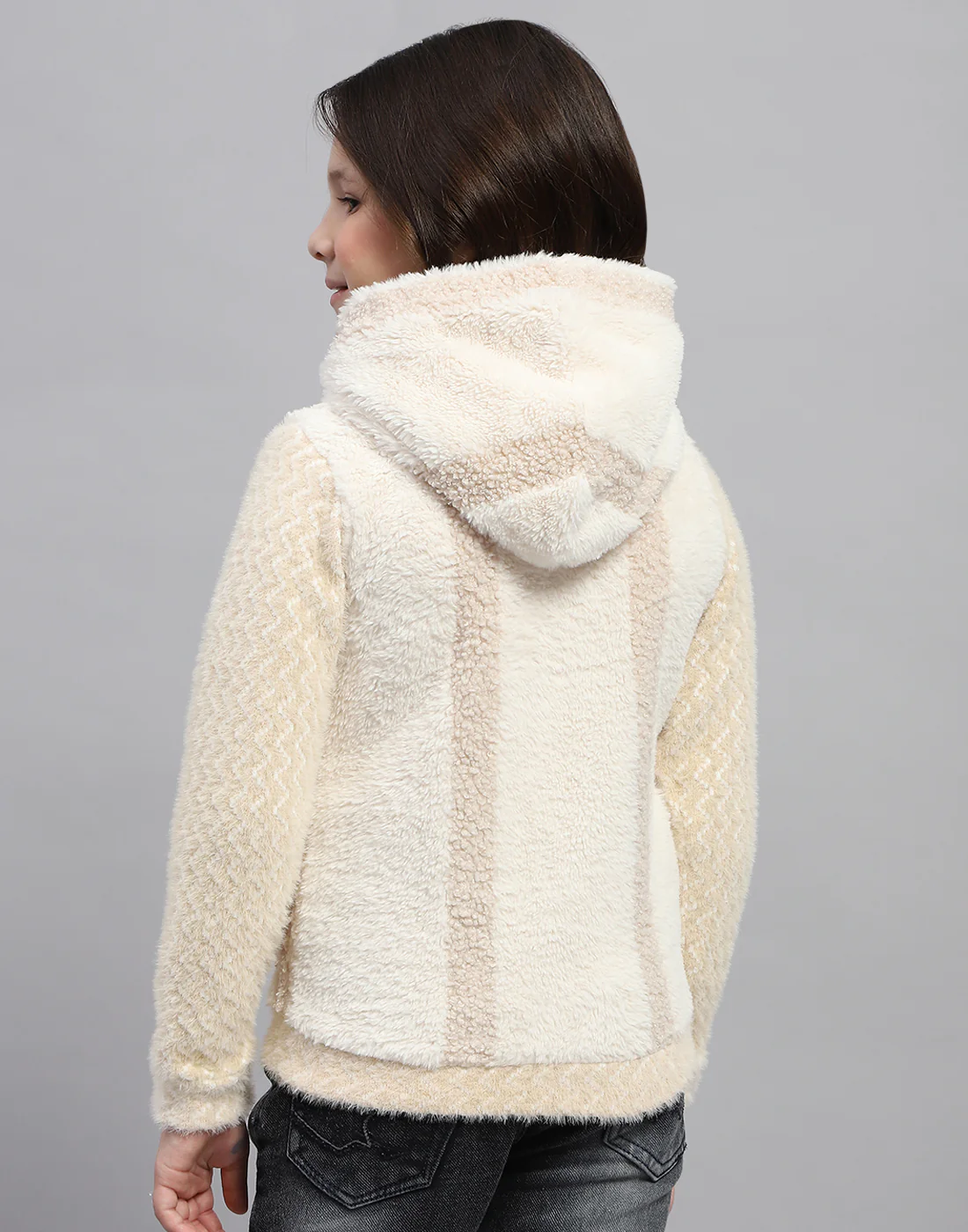 Girls Beige Solid Hooded Full Sleeve Sweatshirt - Image 5