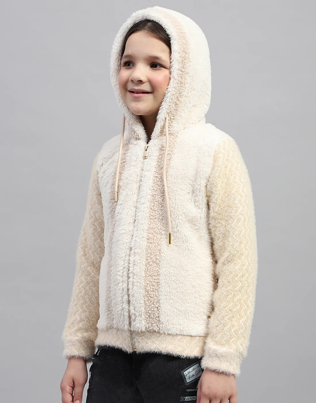 Girls Beige Solid Hooded Full Sleeve Sweatshirt - Image 6