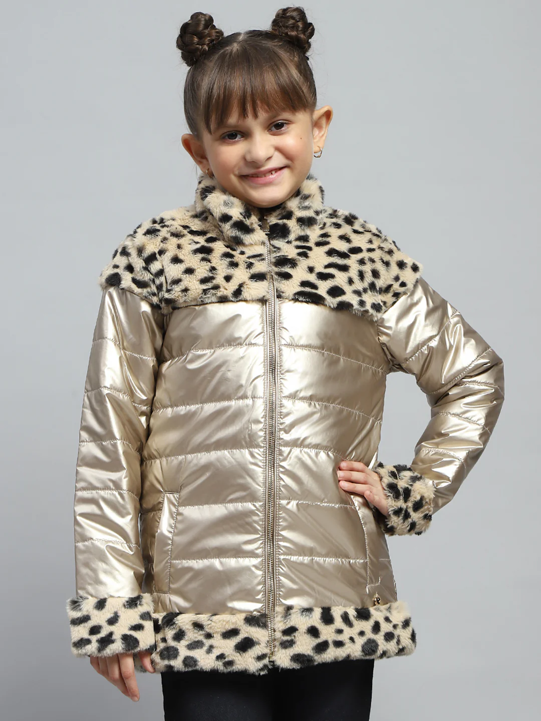 Girls Beige Solid Mock Neck Full Sleeve Jacket - Image 2