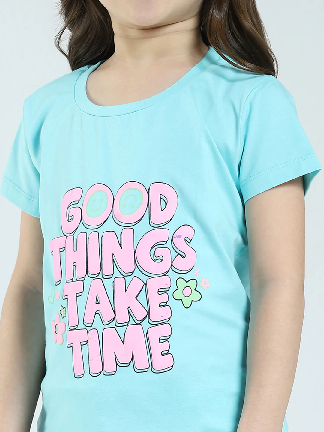 Girls Black & Blue Printed Round Neck Half Sleeve Top 2Pc Set - Image 10