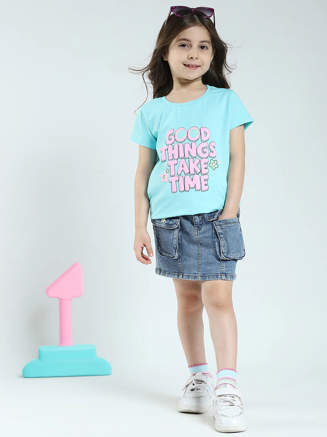 Girls Black & Blue Printed Round Neck Half Sleeve Top 2Pc Set - Image 2