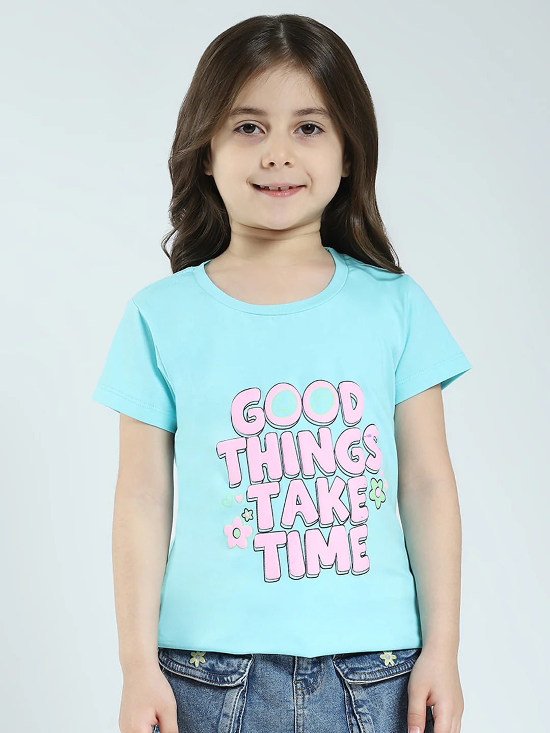 Girls Black & Blue Printed Round Neck Half Sleeve Top 2Pc Set - Image 3