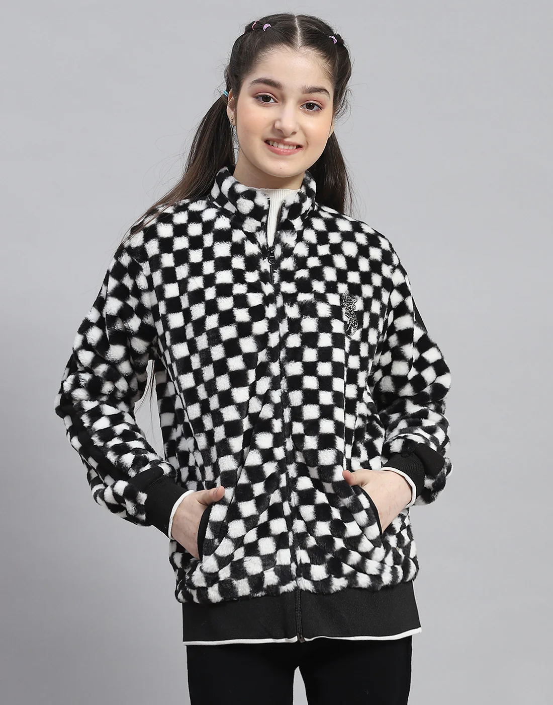 Girls Black Check Stand Collar Full Sleeve Sweatshirt - Image 2